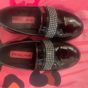 Rachel Shoes Black Patent Loafers with Rhinestone Strap